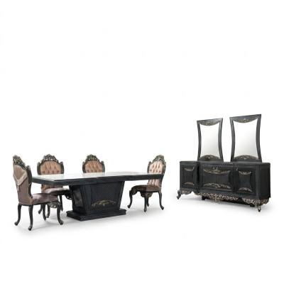Grupo de comedor, comedor, mesa de comedor, sillas, juego de madera de 12 piezas, gris, estilo barroco, aparador.