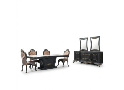 Grupo de comedor, comedor, mesa de comedor, sillas, juego de madera de 12 piezas, gris, estilo barroco, aparador.