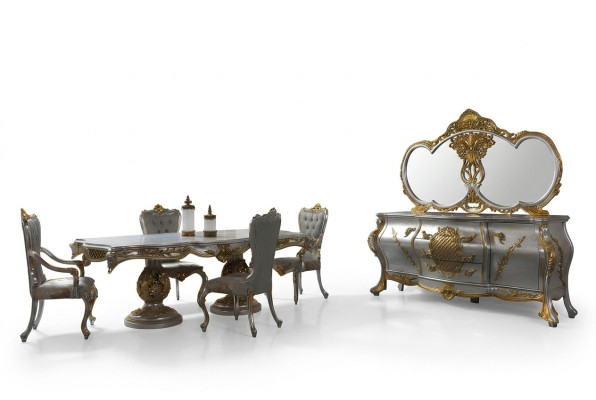 Grupo de comedor, comedor, mesa de comedor, sillas, conjunto de madera de 11 piezas en gris, estilo barroco, aparador.