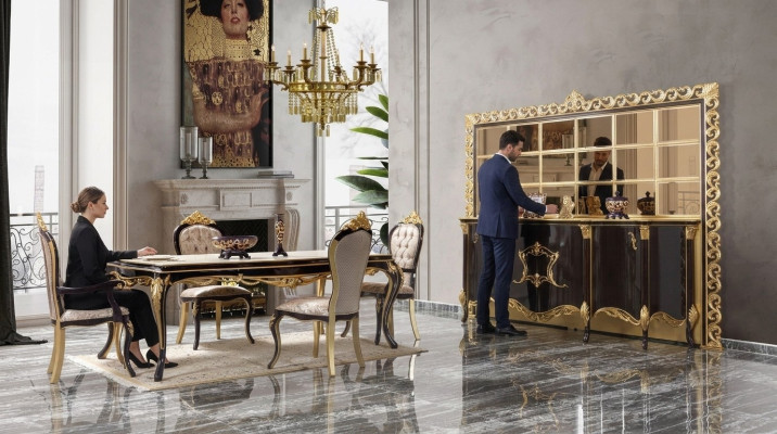 Conjunto de comedor de lujo, comedor, mesa de comedor, sillas, madera, 10 piezas, marrón, aparador.