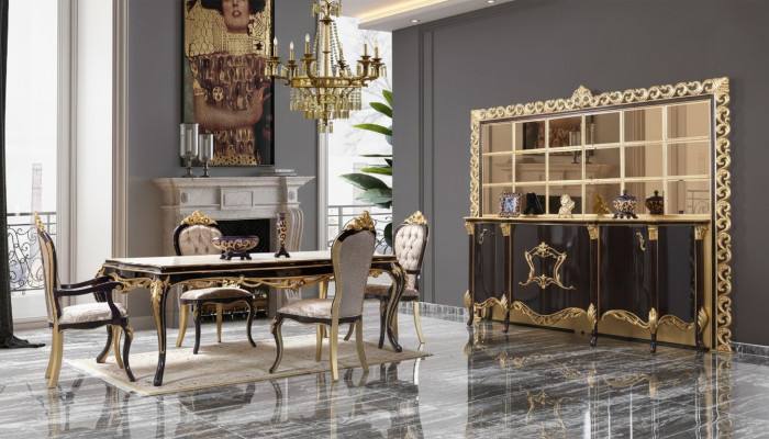 Conjunto de comedor de lujo, comedor, mesa de comedor, sillas, madera, 10 piezas, marrón, aparador.