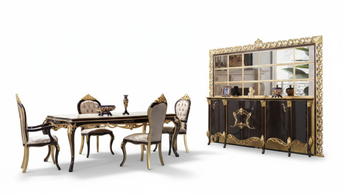 Conjunto de comedor de lujo, comedor, mesa de comedor, sillas, madera, 10 piezas, marrón, aparador.