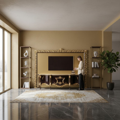 Soporte de TV Aparador RTV Bajo de madera y oro Mesa de salón de lujo