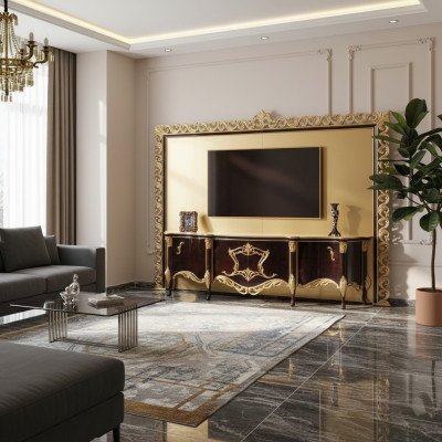 Soporte de TV Aparador RTV Bajo de madera y oro Mesa de salón de lujo