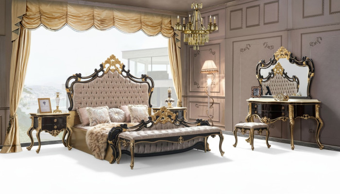 Juego de funda nórdica de cama doble Chesterfield de lujo con 6 piezas en negro.