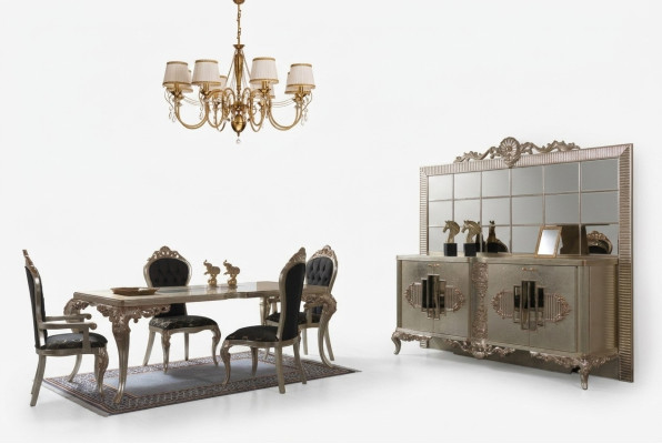 Conjunto de comedor de lujo, aparador, comedor, mesa, sillas, madera, 10 piezas, beige
