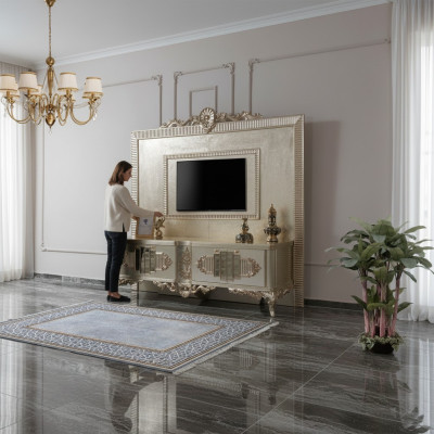 Mueble para TV de madera dorada Lowboard, aparador de sala de estar.