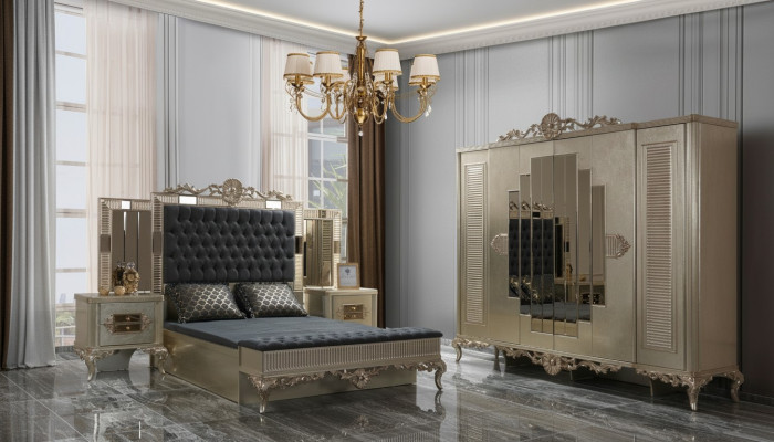 Cama doble Chesterfield de lujo con juego de dormitorio, cama de 5 piezas en oro.