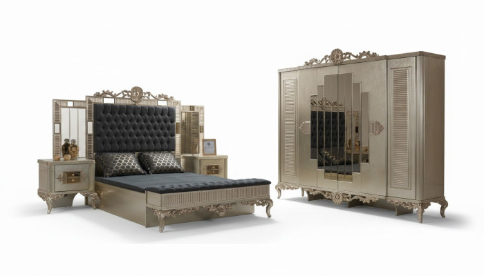 Cama doble Chesterfield de lujo con juego de dormitorio, cama de 5 piezas en oro.