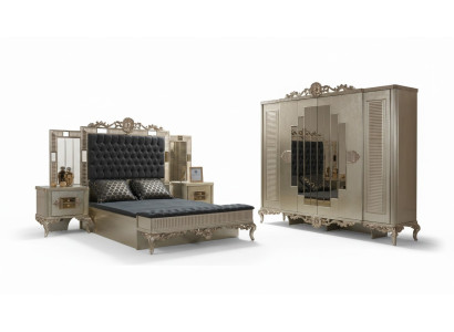 Cama doble Chesterfield de lujo con juego de dormitorio, cama de 5 piezas en oro.