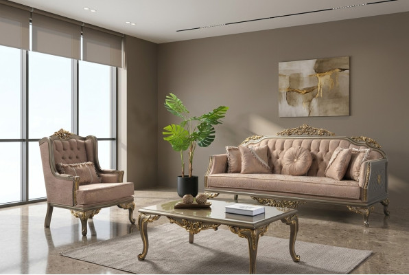 Conjunto de sofás Chesterfield de tres plazas, sillón, mesa de centro de tela beige nuevo.