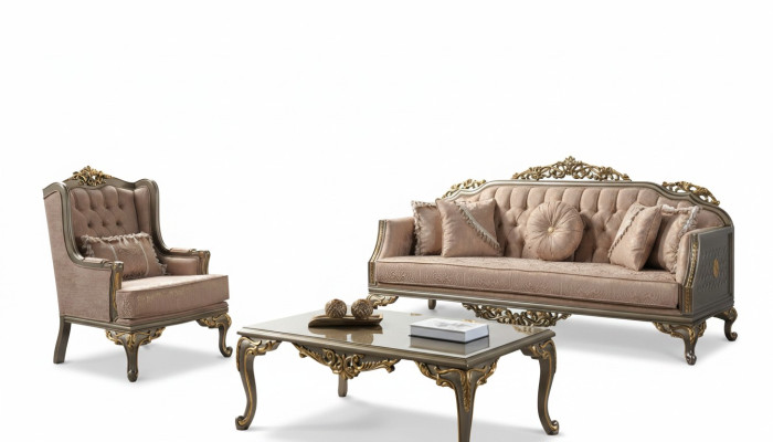Conjunto de sofás Chesterfield de tres plazas, sillón, mesa de centro de tela beige nuevo.