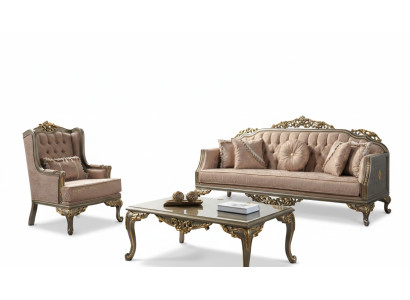 Conjunto de sofás Chesterfield de tres plazas, sillón, mesa de centro de tela beige nuevo.