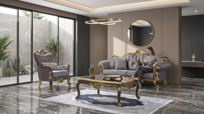 Chesterfield conjunto de sofás, sofá tapizado, sofá azul de tres plazas y sillón.