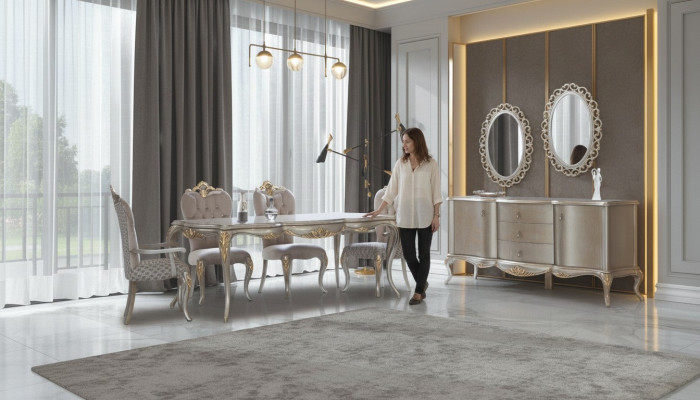 Conjunto completo de comedor Mesa Aparador Comedor Mesa de comedor Madera Juego de 12 piezas Beige