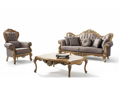 Conjunto de sofás Chesterfield de tres plazas con sillón de tela y mesa de centro en gris.