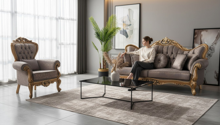 Sofá tapizado Chesterfield Conjunto de sofás Tapizado en tela Sofá gris Juego Nuevo
