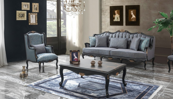 Conjunto de sofá Chesterfield de tres plazas, sillón, mesa de centro de tela azul nuevo.