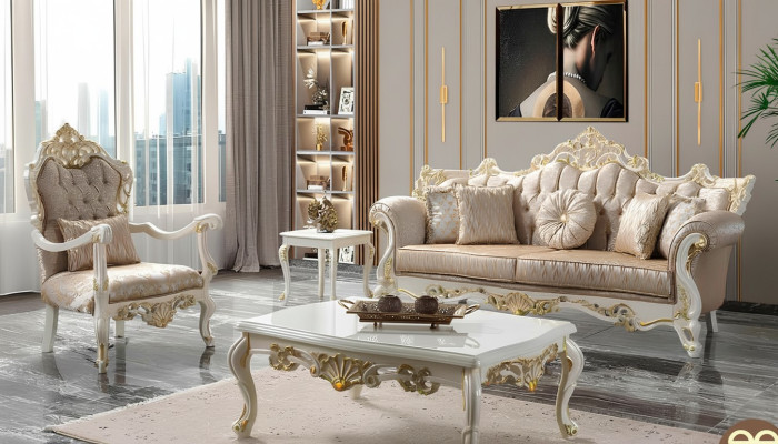 Sofá de lujo conjunto de sofá tapizado Chesterfield tela beige.