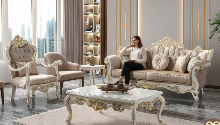 Sofá conjunto de sofás Chesterfield de lujo en tela beige.