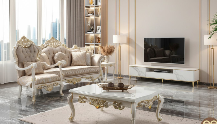 Sofá conjunto de sofás Chesterfield de lujo en tela beige.