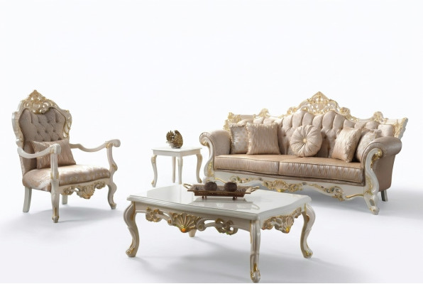 Sofá conjunto de sofás Chesterfield de lujo en tela beige.