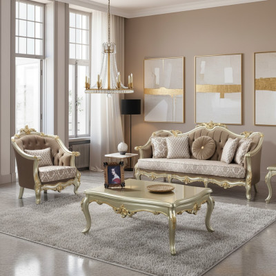 Sofá de tres plazas beige con sillón a juego.