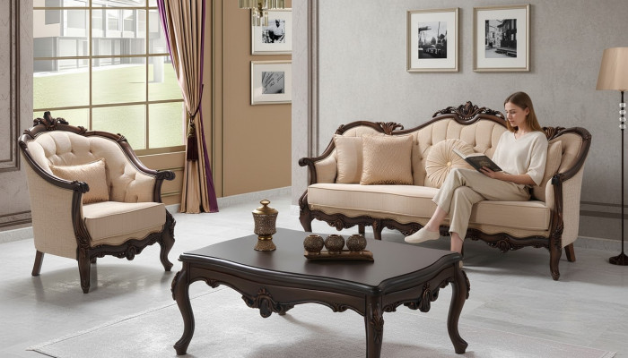 Sofá tapizado Sofá Conjunto de sofás Sofá Tela Beige Chesterfield Set