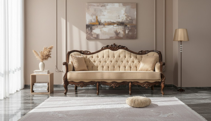 Sofá de tres plazas tapizado en tela beige Chesterfield de 235 cm.