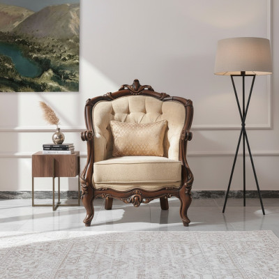 Butaca orejera asiento de tela beige de poliéster de madera sala de estar barroco.