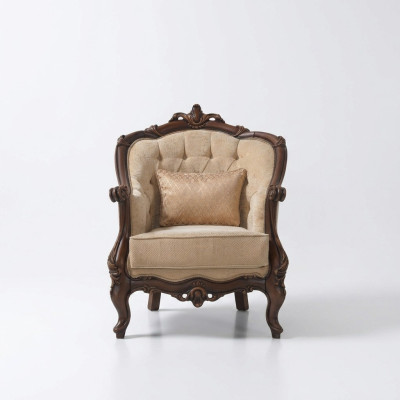 Butaca orejera asiento de tela beige de poliéster de madera sala de estar barroco.