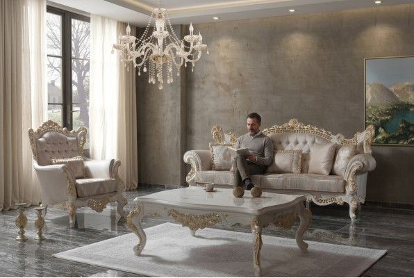 Conjunto de sofás de lujo, conjunto completo de sofás de tela beige.