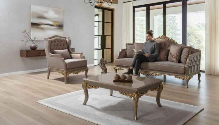 Juego de sofá tapizado de tela marrón Chesterfield.