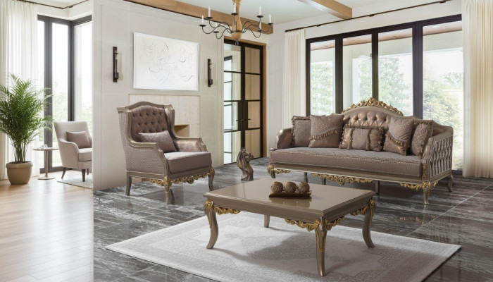 Juego de sofá tapizado de tela marrón Chesterfield.