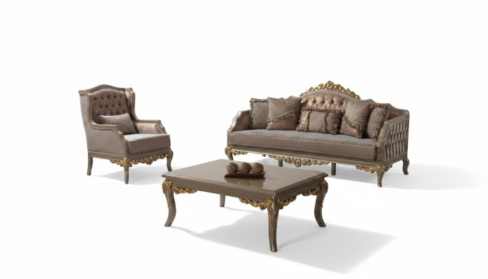 Juego de sofá tapizado de tela marrón Chesterfield.