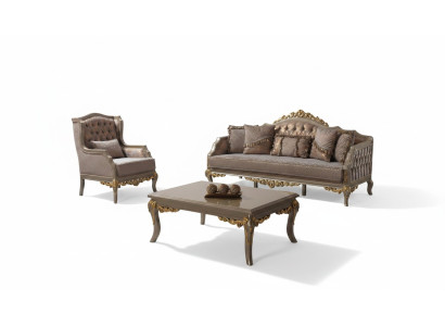 Juego de sofá tapizado de tela marrón Chesterfield.
