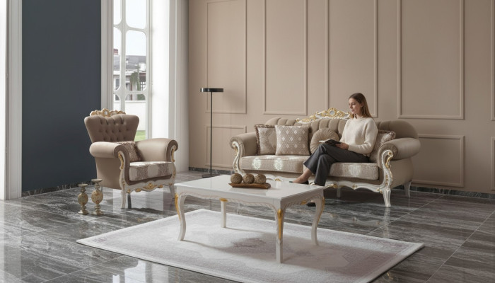 Sofá tapizado Marrón Chesterfield de tela conjunto de 3+1