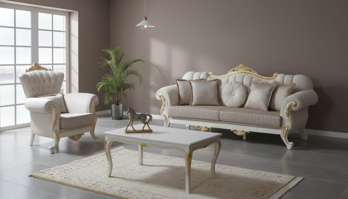 Conjunto de sofás de lujo completo en beige, sofá tapizado de tela.