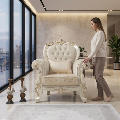 Sillón de una plaza orejero asiento tela beige poliéster madera barroco