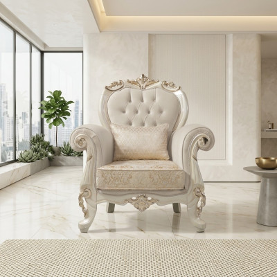 Sillón de una plaza orejero asiento tela beige poliéster madera barroco
