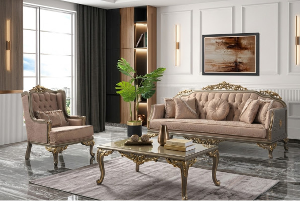 Conjunto de sofás de lujo completo, sofá de tela beige, sofá tapizado.