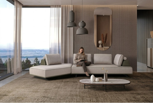Sofá esquinero en forma de L para la sala de estar, sofá tapizado de tela gris, sofá moderno.