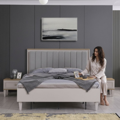 Conjunto de dormitorio de cama doble con mesitas de noche de madera gris, juego de 3 piezas.