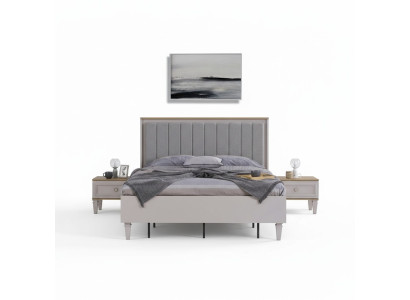 Conjunto de dormitorio de cama doble con mesitas de noche de madera gris, juego de 3 piezas.