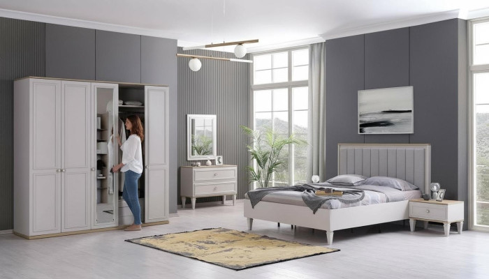 Muebles de dormitorio completos, camas modernas de madera de 6 piezas en color gris.