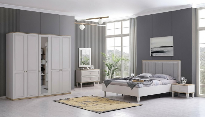 Muebles de dormitorio completos, camas modernas de madera de 6 piezas en color gris.