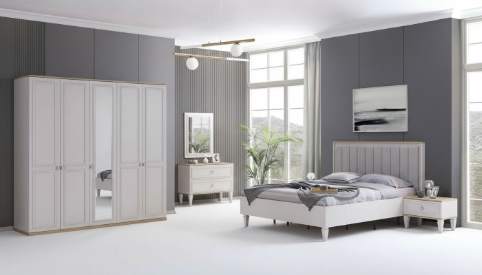 Muebles de dormitorio completos, camas modernas de madera de 6 piezas en color gris.