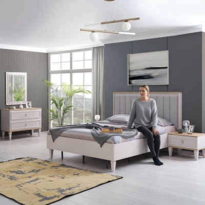 Conjunto de dormitorio moderno con cama doble, mesitas de noche y set de madera gris de 5 piezas