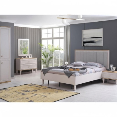 Conjunto de dormitorio moderno con cama doble, mesitas de noche y set de madera gris de 5 piezas