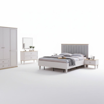 Conjunto de dormitorio moderno con cama doble, mesitas de noche y set de madera gris de 5 piezas